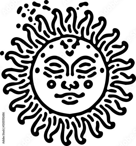 Ornate sun face illustration with abstract patterns and line art detailing. Black and white style, perfect for tattoos, mystical themes, or bohemian-inspired graphic designs