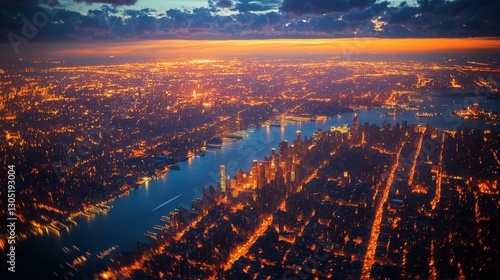 View of a Vibrant City Skyline Illuminated at Dusk Over a River