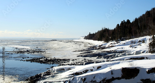 St Lawrence River Shore in winter in Forestville, Quebec