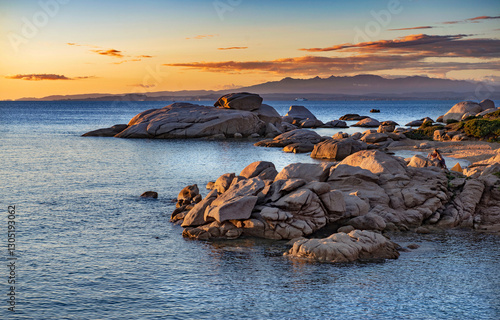 beautiful rocky beach at sunset in the granit coast of Palau in Sardinia-Italy