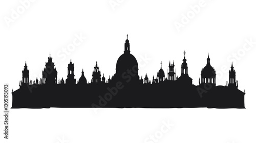 A vector illustration depicting a city skyline in silhouette.  The image is entirely black and white, showing various buildings of varying heights, with several prominent domes and spires. The