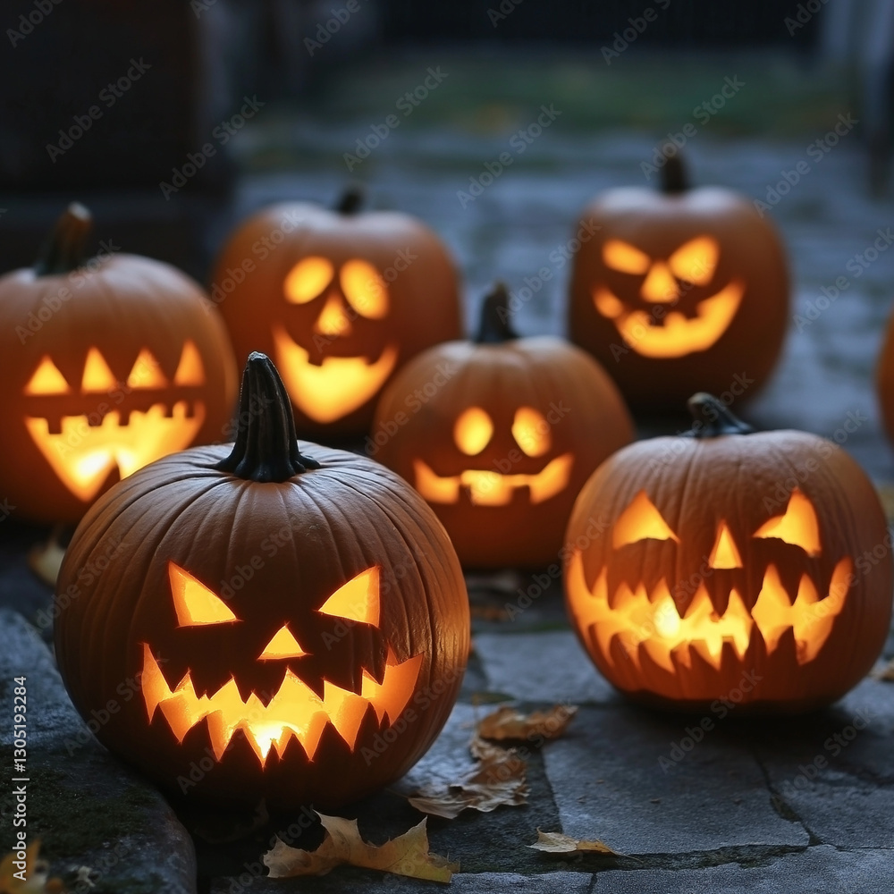 Spooky jack-o'-lanterns glowing in the night. Spooky jack-o'-lanterns glowing in the night.