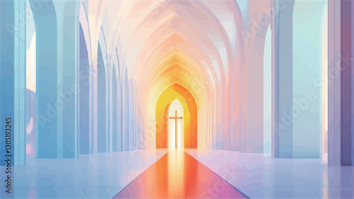 The image depicts a digitally rendered interior of a cathedral. The perspective is a long shot down a central aisle, showcasing a series of tall, arched columns and walls in soft pastel shades of