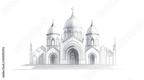 The image is a grayscale architectural sketch or drawing of a church building.  The style is simple and clean, utilizing varying line weights to suggest depth and form.  The church is depicted in a