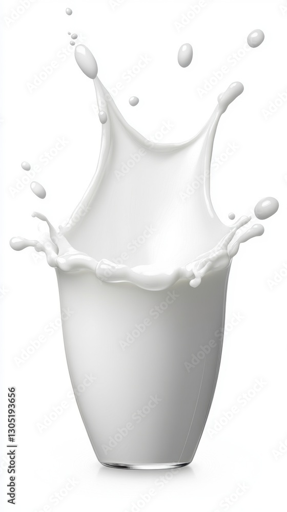 Close up of a glass of milk with a splash, isolated on a white background. The milk is white and creamy, and the splash is dynamic and energetic. Close up of a glass of milk with a splash, isolated on a white background. The milk is white and creamy, and the splash is dynamic and energetic.