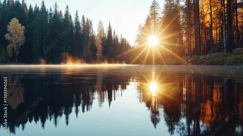 Obraz premium A serene scene of a peaceful lake reflecting the golden rays of the rising sun, surrounded by a dense forest in autumn hues. The mist hovers over the water, adding a dreamy atmosphere