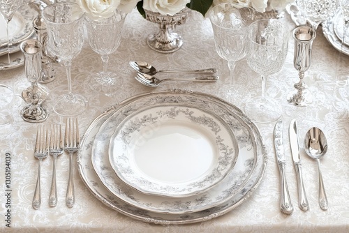 Elegant dining table set for a formal gathering with fine china and crystal glassware in a beautifully arranged layout