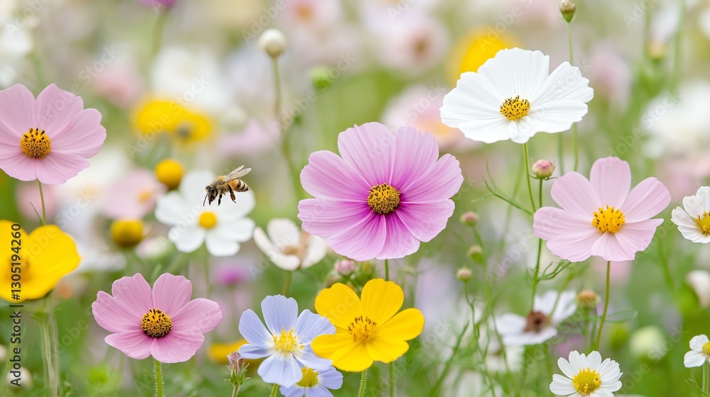 Fototapeta premium A lively wildflower field filled with blooming pink, white, and yellow flowers, with a honeybee in mid-flight collecting nectar