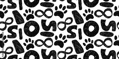 Black seamless pattern with bold groovy geometric bizarre shapes in trendy crayon drawing style. Bold pencil abstract shapes.