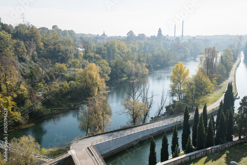views of the Adda river during a sunny autumnal day, Trezzo d'adda, Bergamo, Lombardy