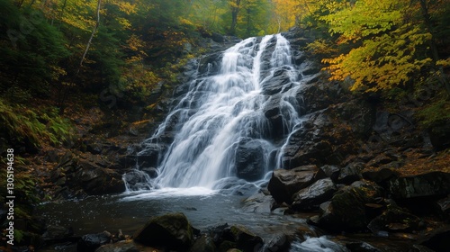 Beautiful Waterfall Cascading Over Rocks in Autumn Foliage Near a Serene Fore...