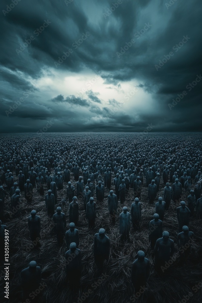 Fototapeta premium Crowd Gathering Under Dramatic Sky During Dusk Landscape Gathering of People With Storm Clouds in