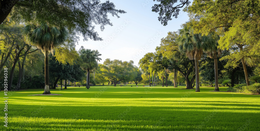 Lush green park with palm trees, sunny day Lush green park with palm trees, sunny day
