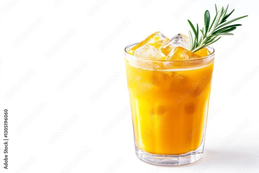 Refreshing Orange Juice with Ice and Rosemary Sprig on White Refreshing Orange Juice with Ice and Rosemary Sprig on White
