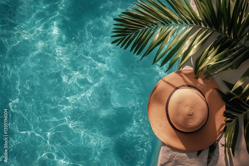 Relaxing by the Poolside With a Straw Hat and Palm Leaves on a Sunny Day