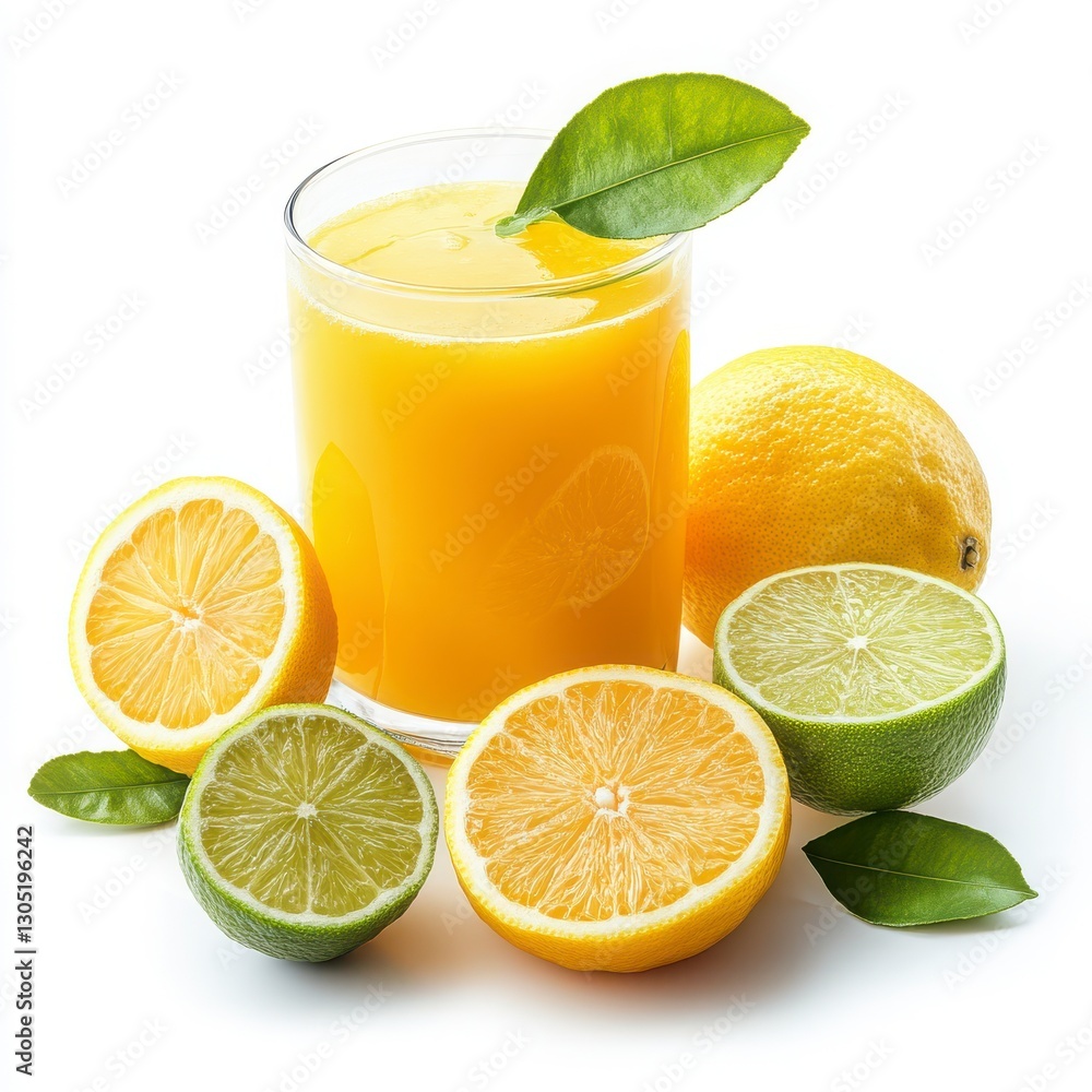 Fresh Citrus Juice with Lemons, Limes, and Leaves on White Background Fresh Citrus Juice with Lemons, Limes, and Leaves on White Background
