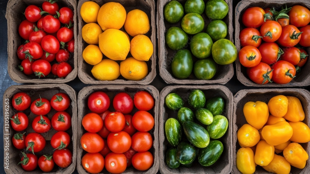 Colorful selection of fresh produce at a farmers market showcasing tomatoes, peppers, and lemons on a bright afternoon Colorful selection of fresh produce at a farmers market showcasing tomatoes, peppers, and lemons on a bright afternoon