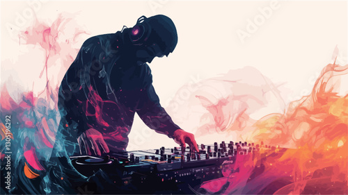 The image features a silhouette of a DJ working at a mixing console.  The DJ is positioned slightly off-center, leaning over the equipment. The silhouette is rendered in dark blues and purples,