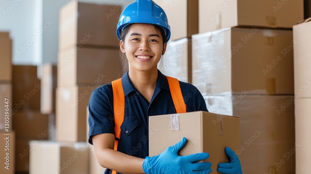 A smiling female warehouse worker in safety gear holding a cardboard box. The background features an organized storage facility filled with packed goods, emphasizing logistics and industrial efficienc A smiling female warehouse worker in safety gear holding a cardboard box. The background features an organized storage facility filled with packed goods, emphasizing logistics and industrial efficienc