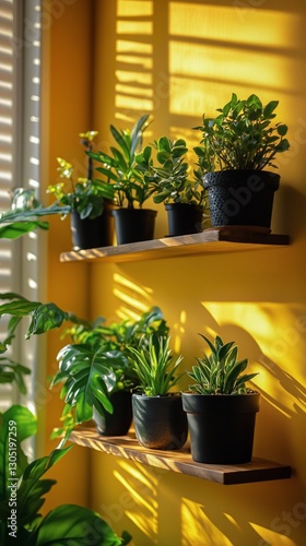 Indoor Plant Arrangement on Shelves Against a Vibrant Yellow Wall Illuminated...