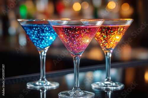 Colorful Sparkling Cocktails Served in Elegant Glasses at a Lively Bar During...