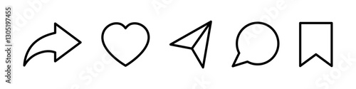 Social media interface line icons. Like, message, comment, share and save. Vector