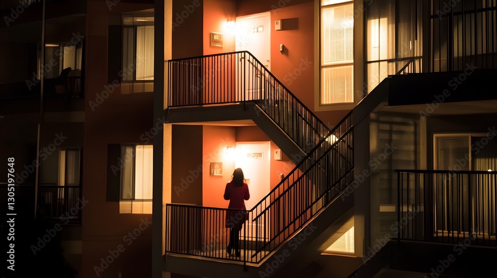 Obraz premium Silhouetted figure standing on the balcony of an apartment building gazing out at the glowing lights and architecture of the city skyline in the night The scene has a moody