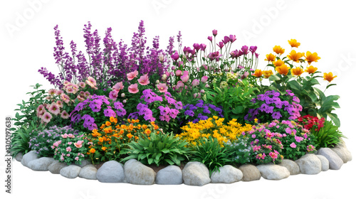 Fototapeta Naklejka Na Ścianę i Meble -  Colorful flower bed featuring vibrant blossoms nestled among rocky terrain, presenting isolated garden landscape with transparent backdrop
