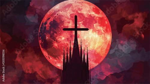 The image depicts a stylized illustration or digital painting.  The central focus is a large, intensely red moon dominating the frame, textured with swirling patterns suggesting a fiery or gaseous
