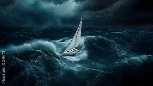 Dramatic storm at sea with a sailboat battling against powerful waves and gale force winds in a turbulent foreboding and ominous seascape  The sailboat is being tossed about in the raging
