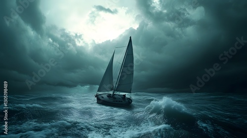 Dramatic scene of a small sailboat navigating through powerful waves and stormy ocean conditions under a gloomy overcast sky  The boat is being tossed by the turbulent waters