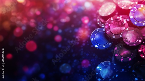 Colorful Poker Chips Stacked on a Dark Table With Blurred Bokeh Background