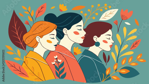 A diverse group of females portrayed with flowers in a paper cut-out style SVG . International Women's AI, Day, EPS, PNG, JPEG File.