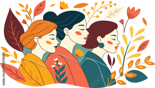A diverse group of females portrayed with flowers in a paper cut-out style SVG . International Women's AI, Day, EPS, PNG, JPEG File.