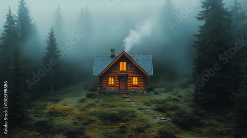 Cozy Cabin in Misty Forest With Glowing Windows and Chimney Smoke