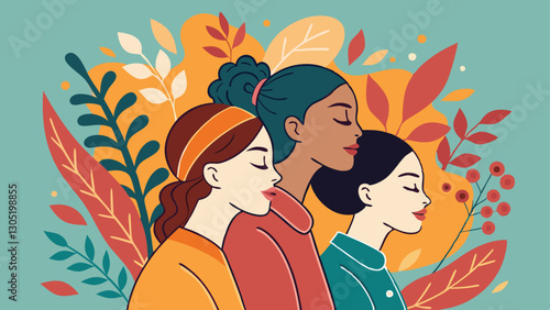A diverse group of females portrayed with flowers in a paper cut-out style SVG . International Women's AI, Day, EPS, PNG, JPEG File.
