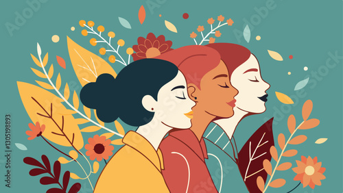 A diverse group of females portrayed with flowers in a paper cut-out style SVG . International Women's AI, Day, EPS, PNG, JPEG File.