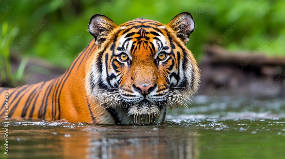 Fototapeta premium Majestic Tiger Staring Intently in a Calm Forested Waterscape