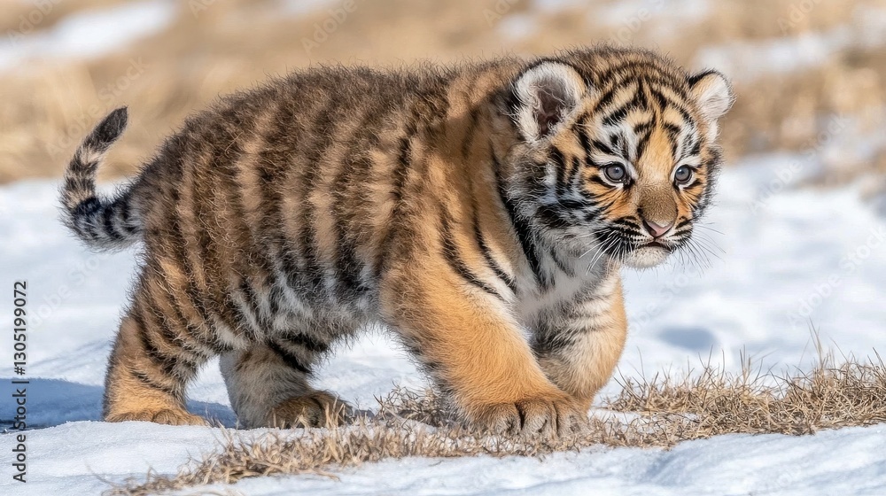 Obraz premium Playful Tiger Cub Exploring Snowy Landscape in Winter Nature