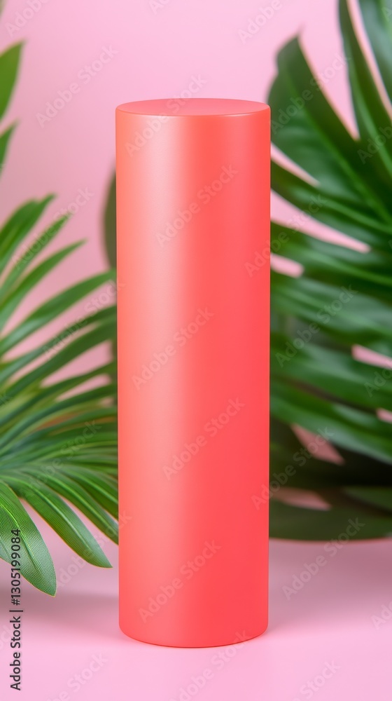 Coral cylindrical product display on pink background surrounded by lush green tropical leaves. Clean, minimalist aesthetic. Coral cylindrical product display on pink background surrounded by lush green tropical leaves. Clean, minimalist aesthetic.