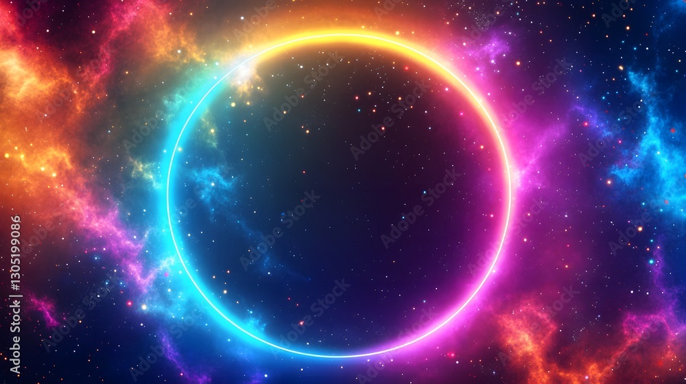 A bright neon circle surrounded by colorful nebulae in space A bright neon circle surrounded by colorful nebulae in space