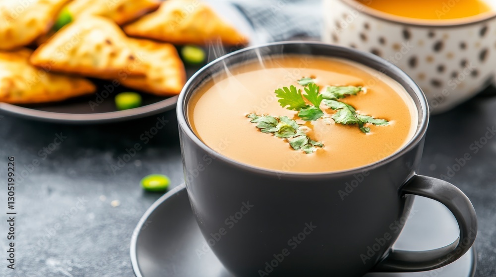 Aromatic Cup of Herbal Tea with Savory Snacks on Dark Surface Aromatic Cup of Herbal Tea with Savory Snacks on Dark Surface