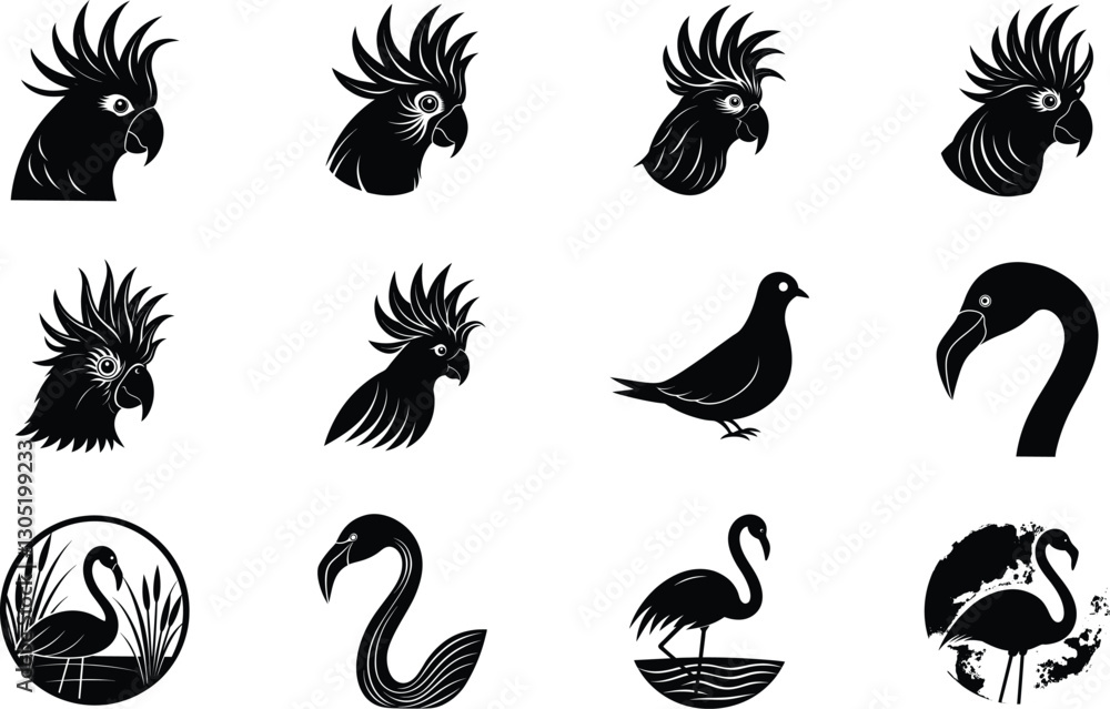 Fototapeta premium Black and White Bird Silhouettes Cockatoo, Flamingo, Dove Icons