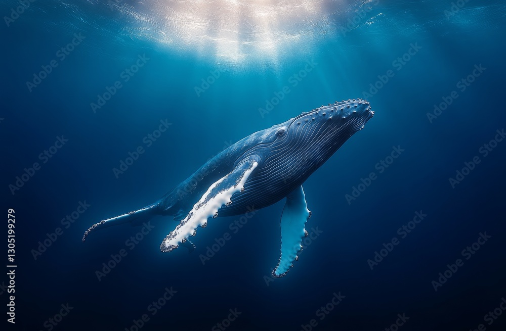 Fototapeta premium Whale's Underwater Ascent: A majestic humpback whale gracefully ascends through the deep, its massive form illuminated by the sun's rays filtering down from the surface.