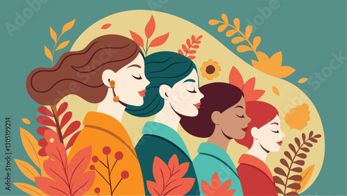 A diverse group of females portrayed with flowers in a paper cut-out style SVG . International Women's AI, Day, EPS, PNG, JPEG File.