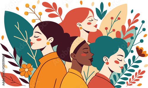 A diverse group of females portrayed with flowers in a paper cut-out style SVG . International Women's AI, Day, EPS, PNG, JPEG File.