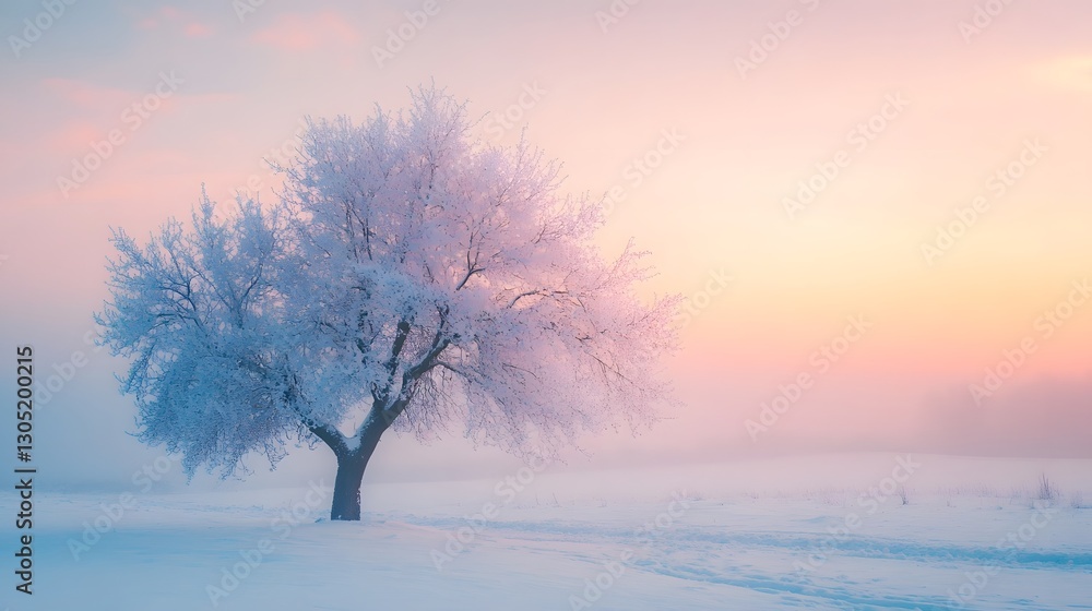 Solitary bare tree silhouetted against a soft pastel colored winter sky with hazy sunset glow The tranquil snow covered landscape creates a peaceful Solitary bare tree silhouetted against a soft pastel colored winter sky with hazy sunset glow The tranquil snow covered landscape creates a peaceful