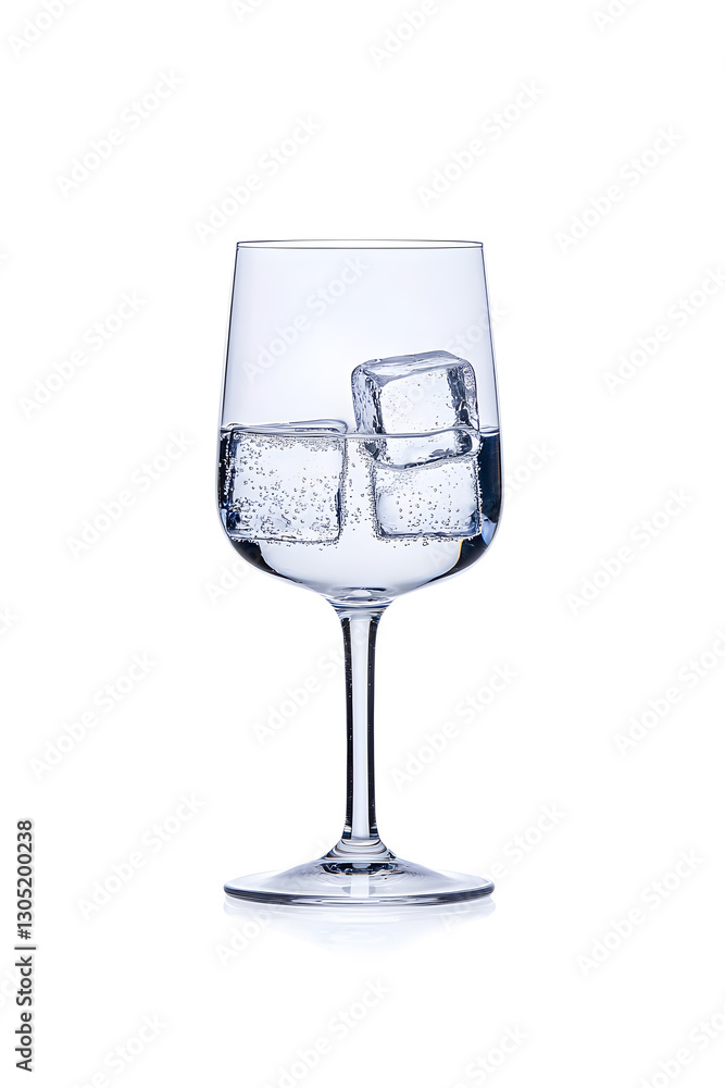 Sparkling water with ice cubes in a wine glass isolated on white Sparkling water with ice cubes in a wine glass isolated on white