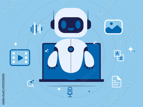 AI, Artificial intelligence robot on laptop and generate bar. AI created generate art, text, video, audio with prompt. Big data visualization and machine learning. Vector illustration.