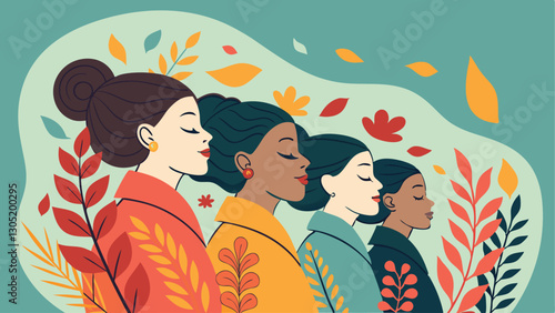 A diverse group of females portrayed with flowers in a paper cut-out style SVG . International Women's AI, Day, EPS, PNG, JPEG File.